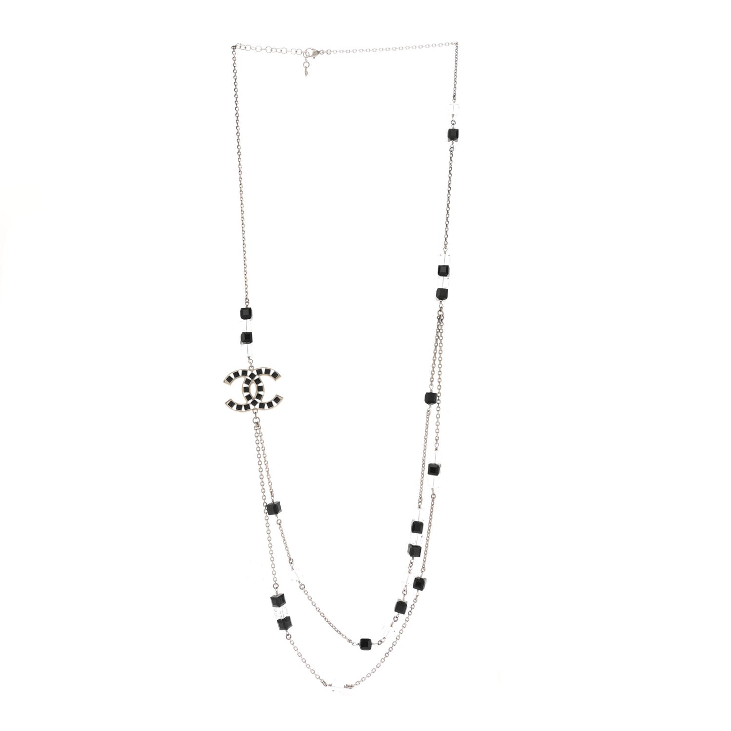 Crystal Bead CC Long Necklace Silver Black Transparent
