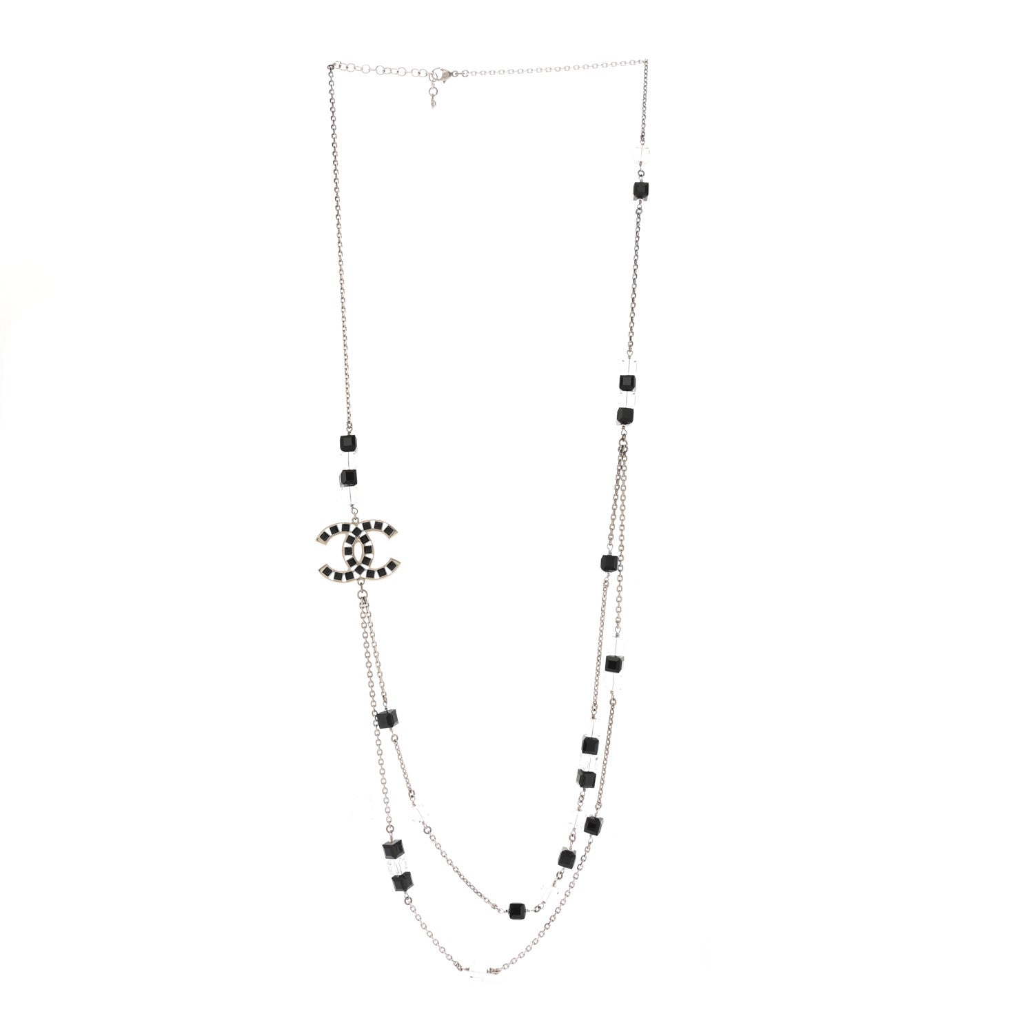 Chanel Crystal Bead CC Long Necklace Silver Black Transparent 3 of 6