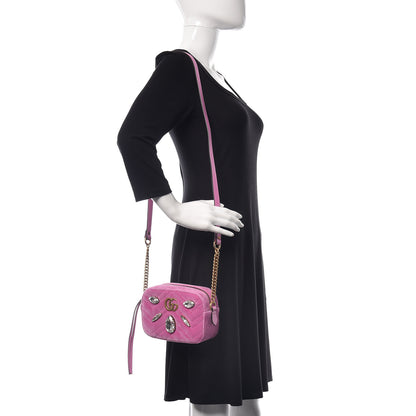 Gucci Velvet Matelasse Marquise Crystals Mini GG Marmont Chain Shoulder Bag Malva 2 of 8