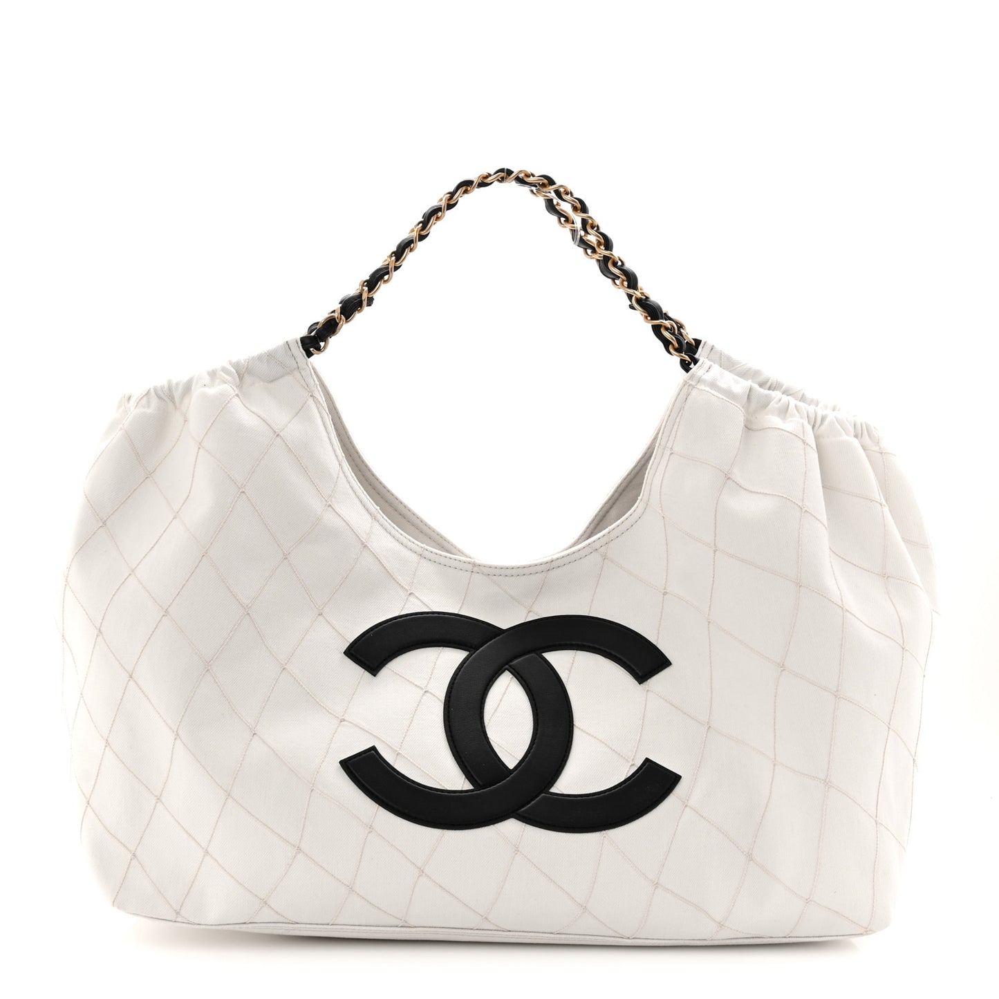 Denim Calfskin Quilted Coco Beach Small Shopping Tote White Black
