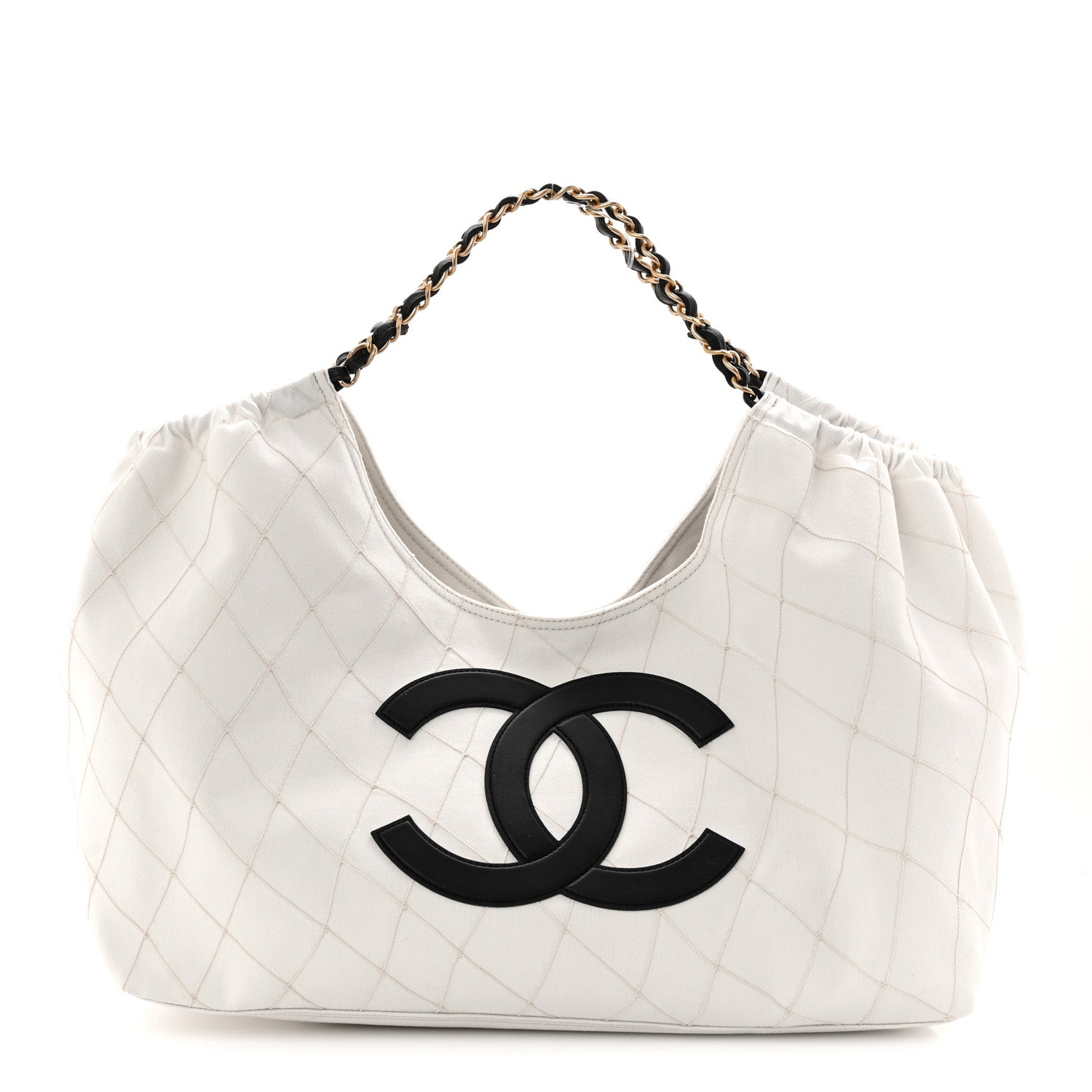 Chanel Denim Calfskin Quilted Coco Beach Small Shopping Tote White Black 1 of 11
