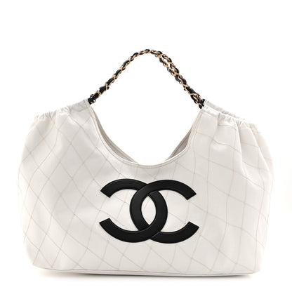 Chanel Denim Calfskin Quilted Coco Beach Small Shopping Tote White Black 1 of 11