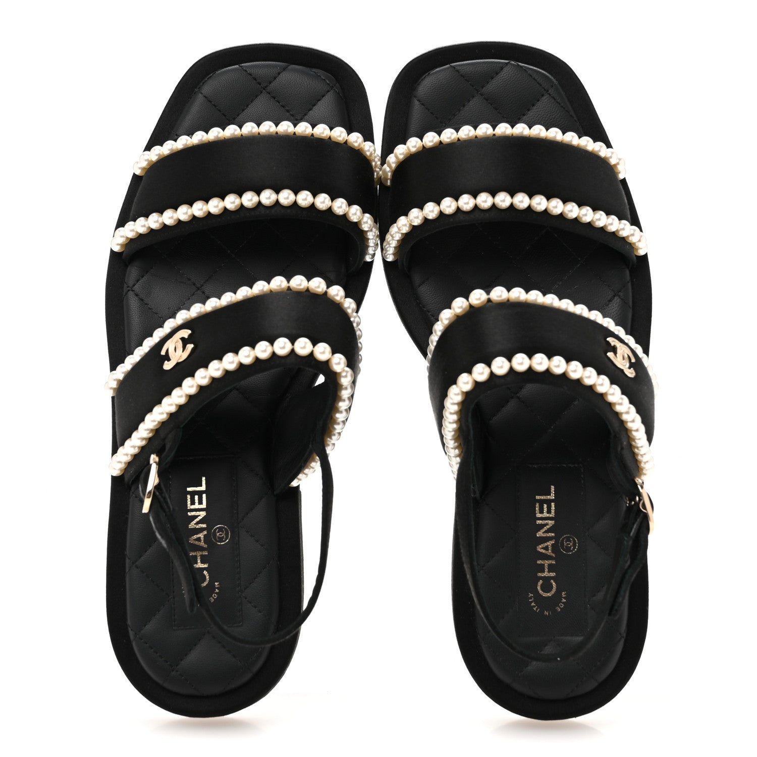 Chanel Satin Pearl Quilted Flat Sandals 36.5 Black 2 of 9