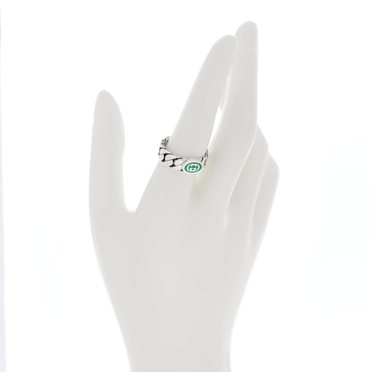 Sterling Silver Enamel Interlocking G Chain Ring 56 7.5 Green