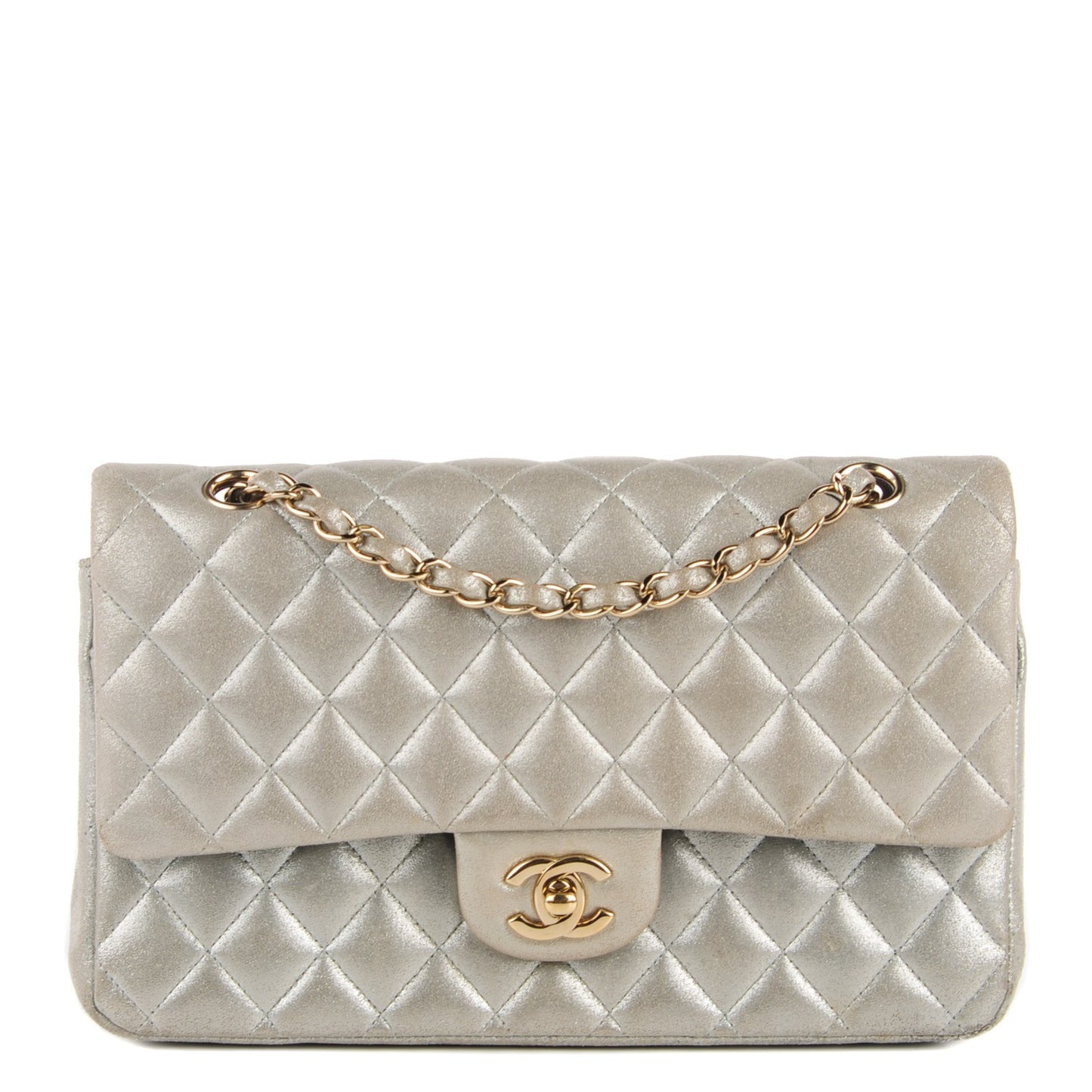 Iridescent Calfskin Medium Double Flap Light Gold