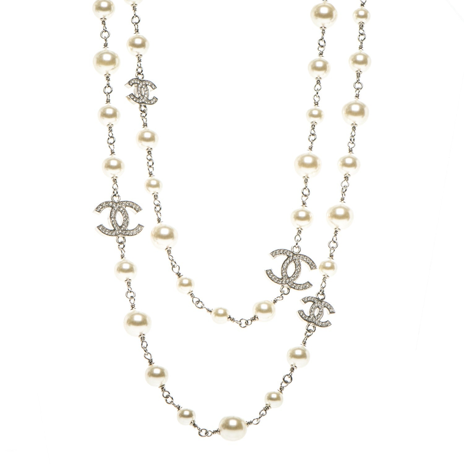 Chanel Crystal Pearl CC Long Necklace Silver 1 of 5