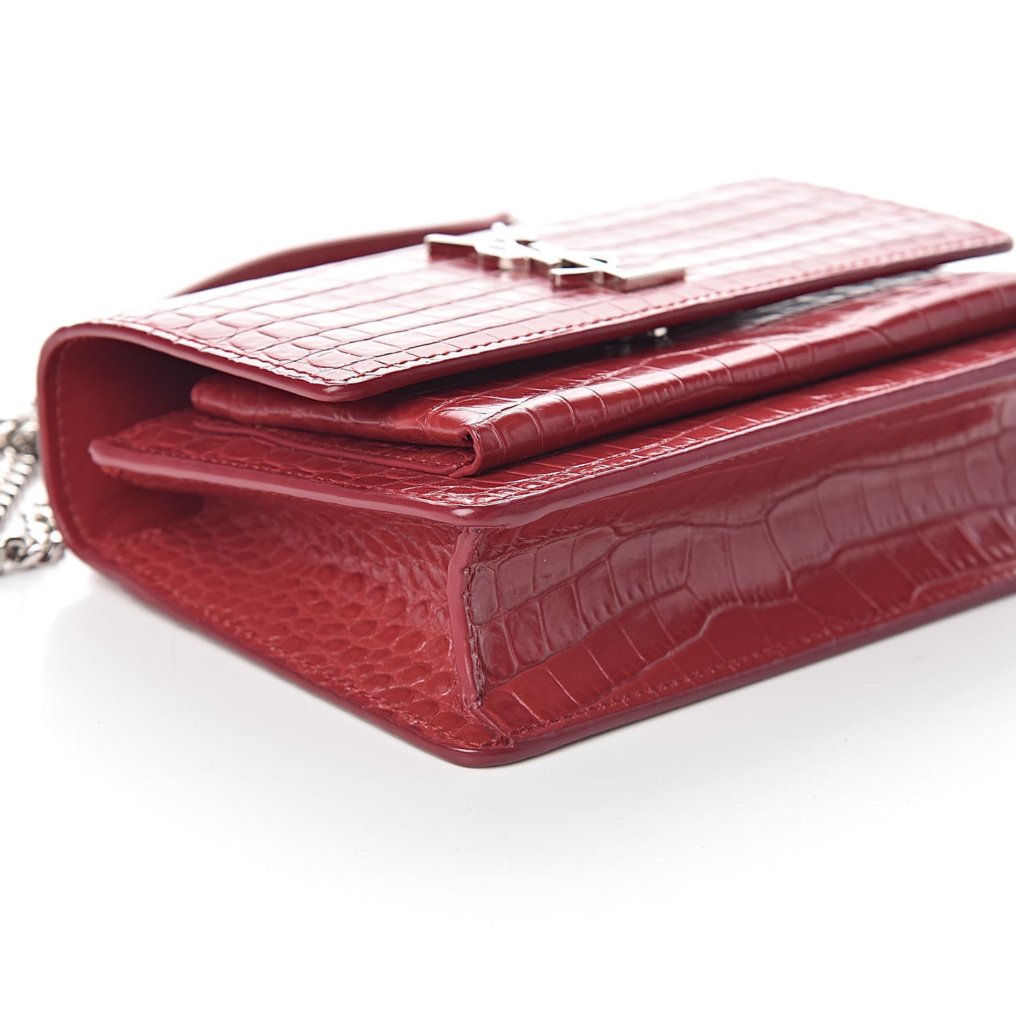 Calfskin Crocodile Embossed Monogram Sunset Chain Wallet New Lipstick Red
