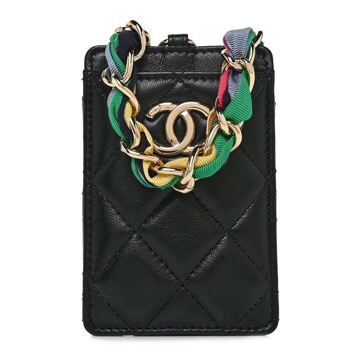 Shiny Lambskin Ribbon Quilted Card Holder On Chain Black