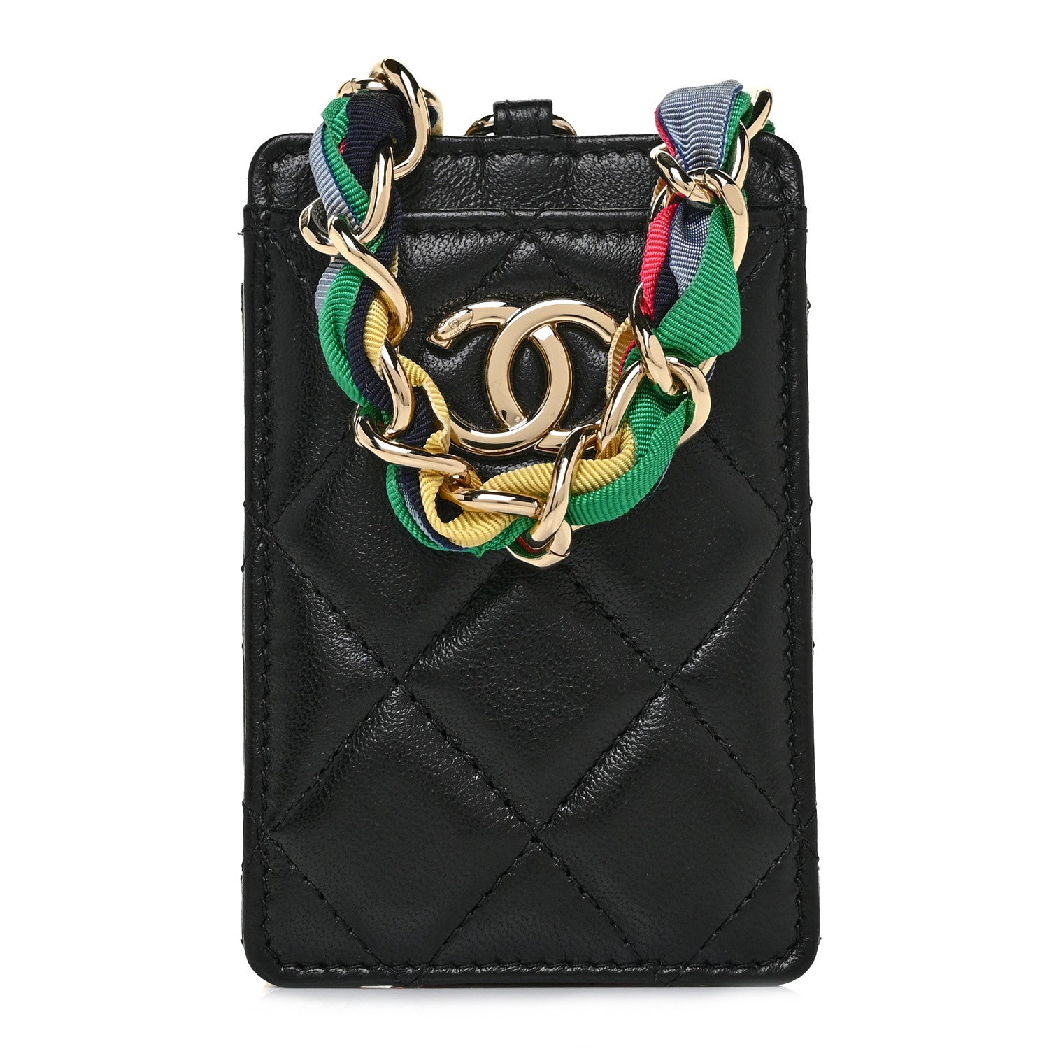Chanel Shiny Lambskin Ribbon Quilted Card Holder On Chain Black 1 of 8