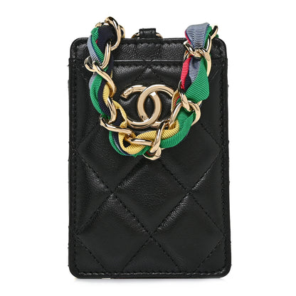 Chanel Shiny Lambskin Ribbon Quilted Card Holder On Chain Black 1 of 8