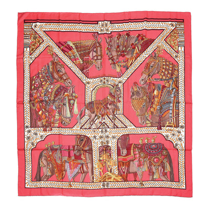 Hermes Cashmere Silk La Danse Du Cheval Shawl 140 Rose Vif Orange Fuchsia 1 of 4
