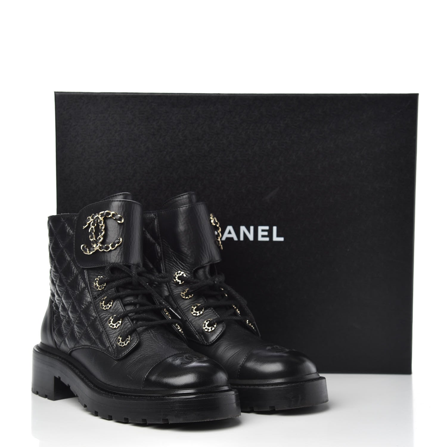 Chanel Shiny Goatskin Calfskin Quilted Lace Up Combat Boots 37.5 Black 8 of 8