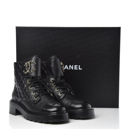 Chanel Shiny Goatskin Calfskin Quilted Lace Up Combat Boots 37.5 Black 8 of 8