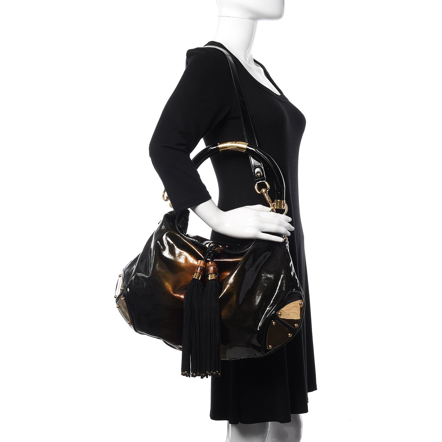 Gucci Patent Large Indy Top Handle Hobo Bronze Black 2 of 9