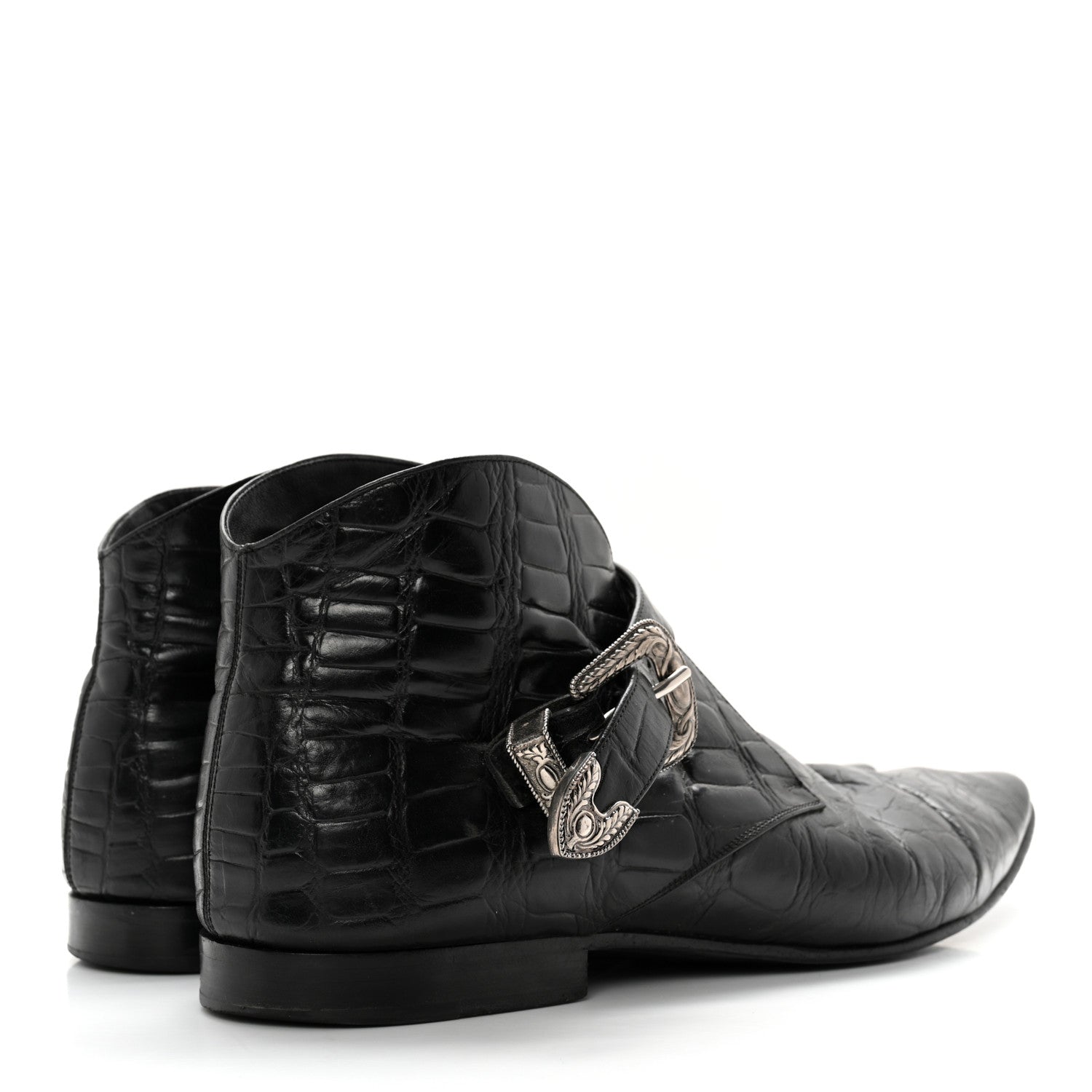 Saint Laurent Calfskin Crocodile Embossed Mens Dixon Buckle Ankle Boots 45 Black 4 of 12