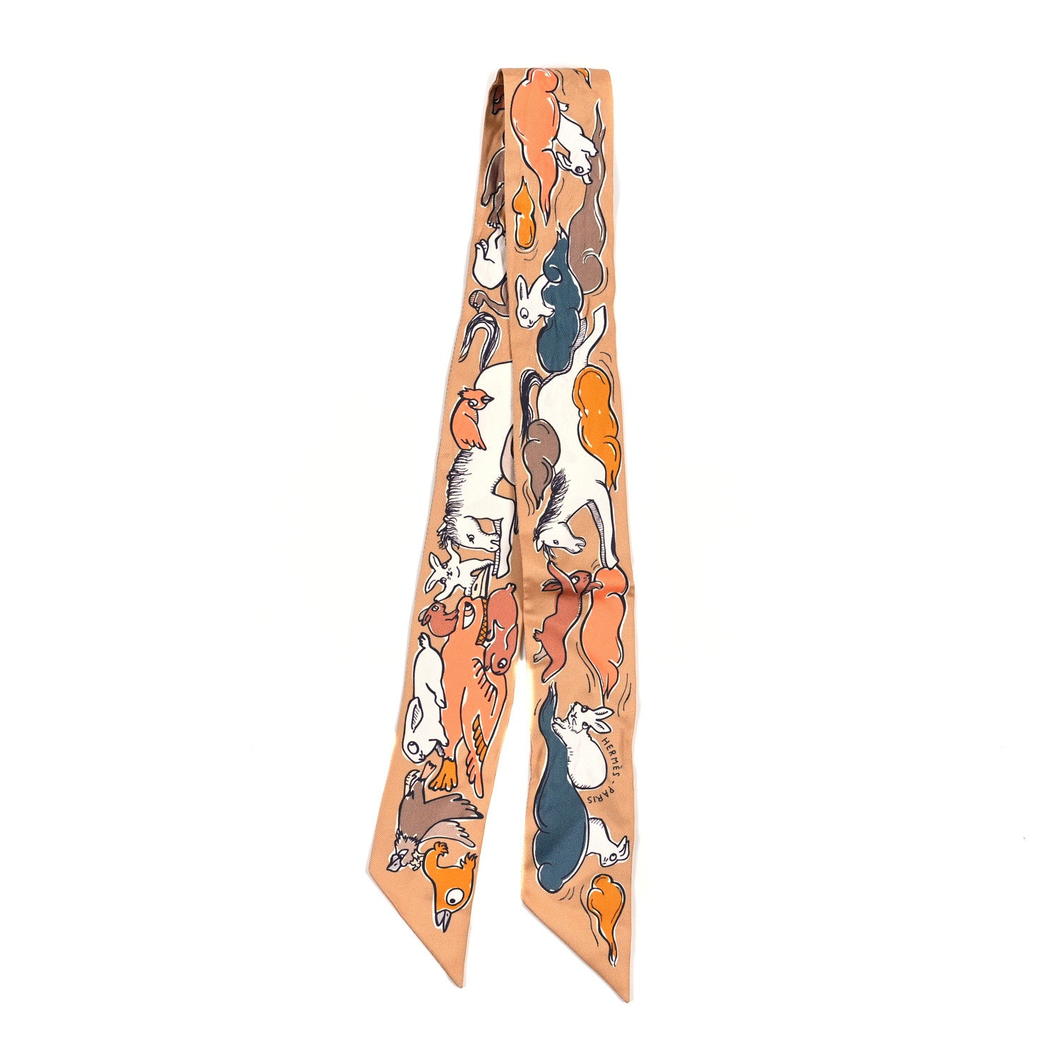 Hermes Silk Mille Et Un Lapins Twilly Beige Dore Abricot White 2 of 3