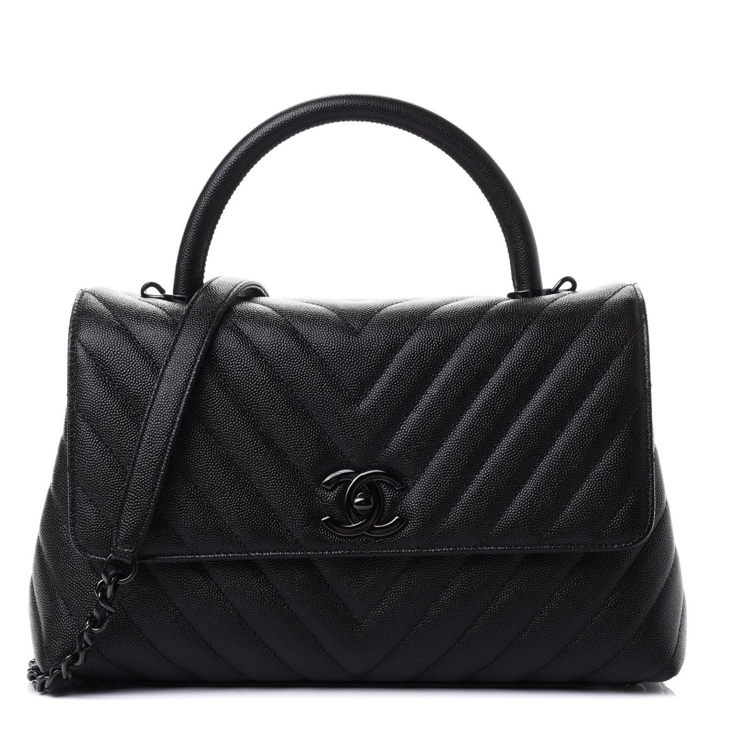 Caviar Chevron Quilted Small Coco Handle Flap So Black