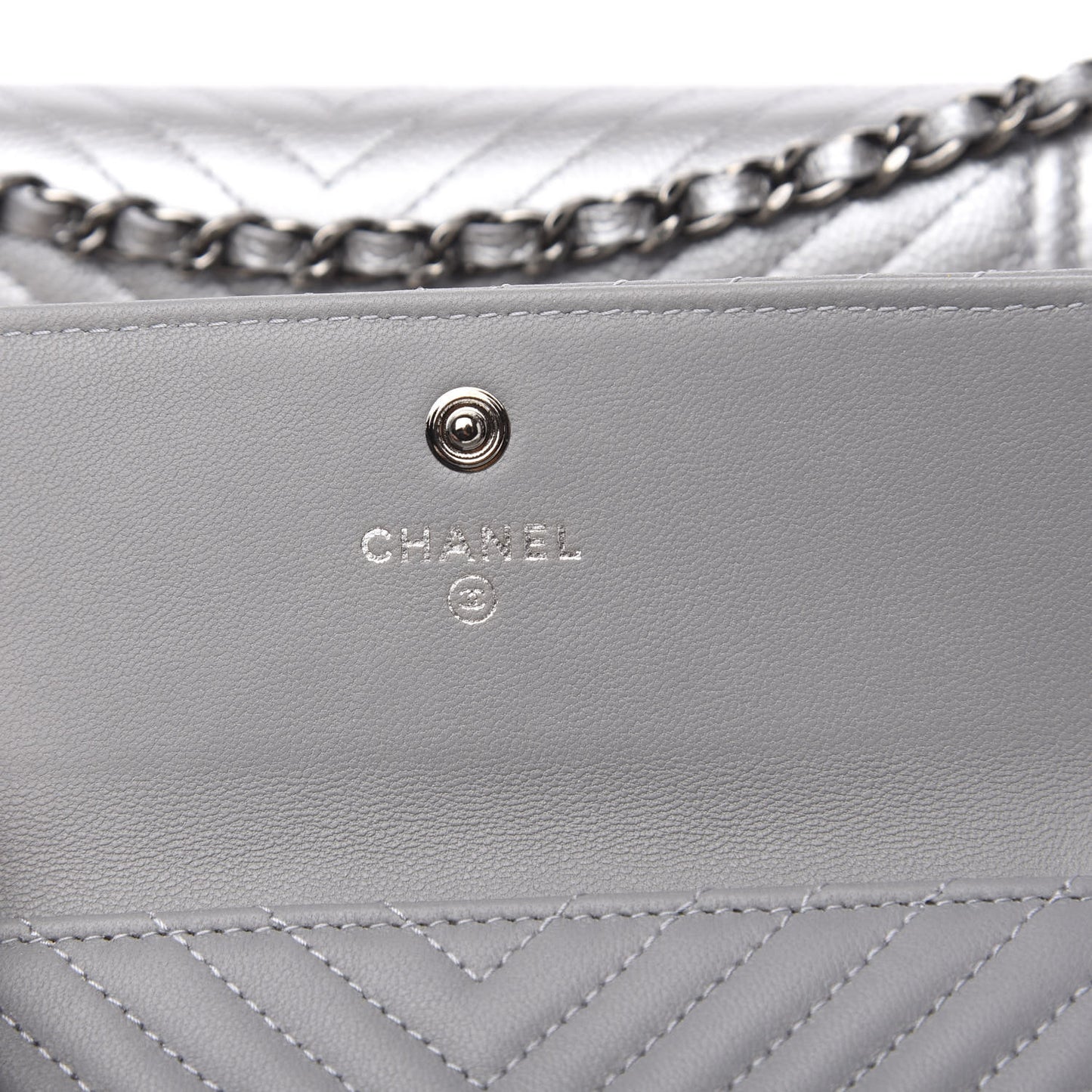 Metallic Caviar Chevron Quilted Boy Wallet On Removable Chain WOC Silver