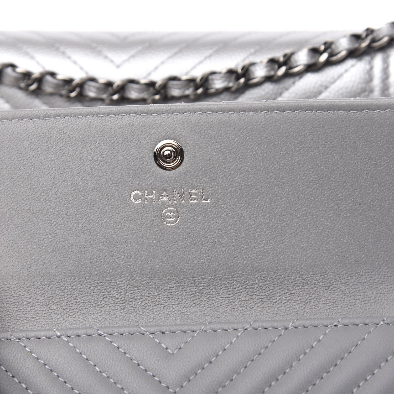 Chanel Metallic Caviar Chevron Quilted Boy Wallet On Removable Chain WOC Silver 6 of 14