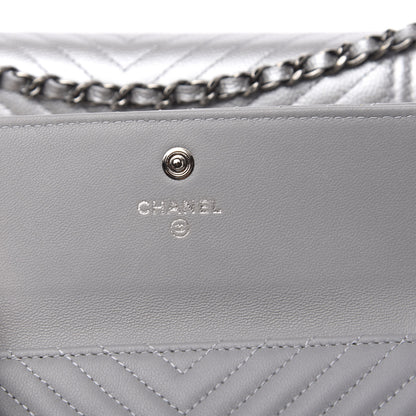 Chanel Metallic Caviar Chevron Quilted Boy Wallet On Removable Chain WOC Silver 6 of 14