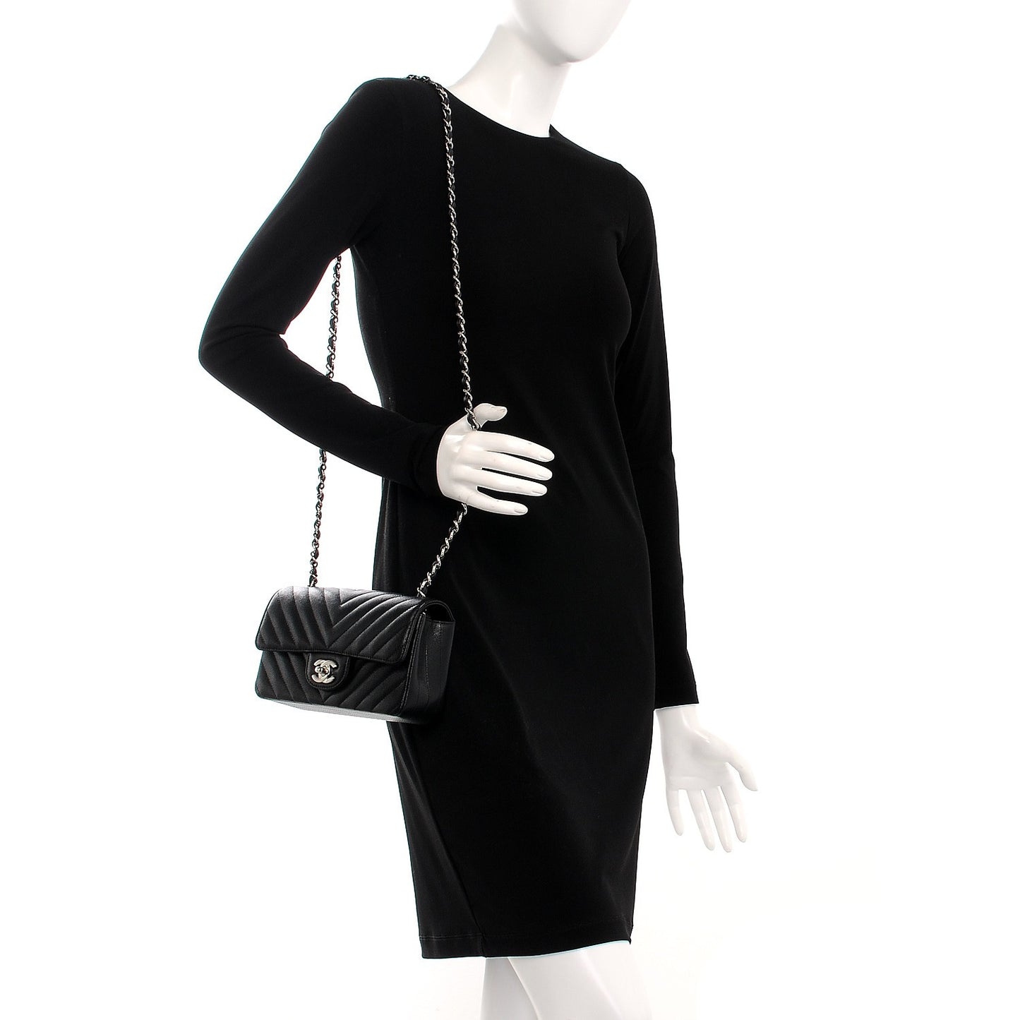 Caviar Chevron Quilted Mini Rectangular Flap Black