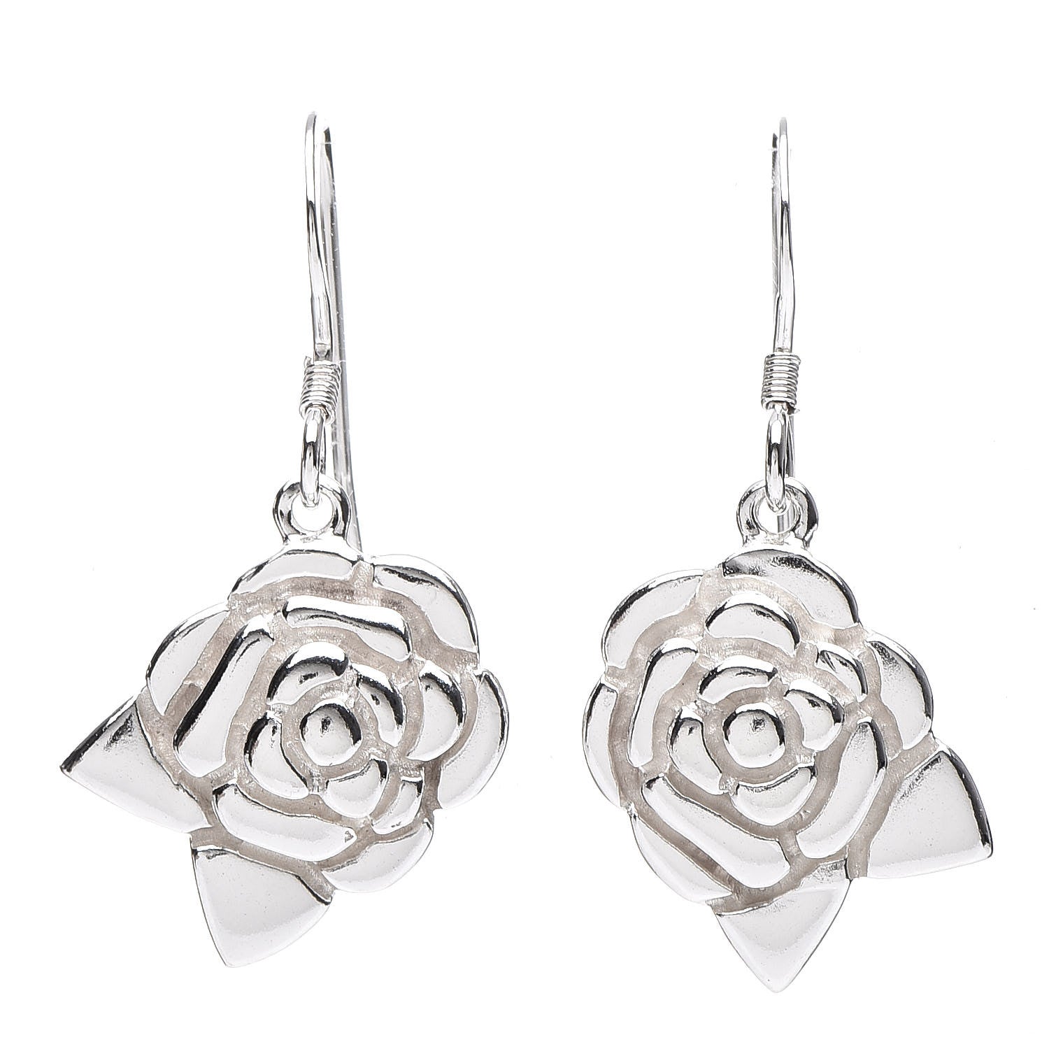 Chanel Sterling Silver Camellia Drop Earrings 1 of 4