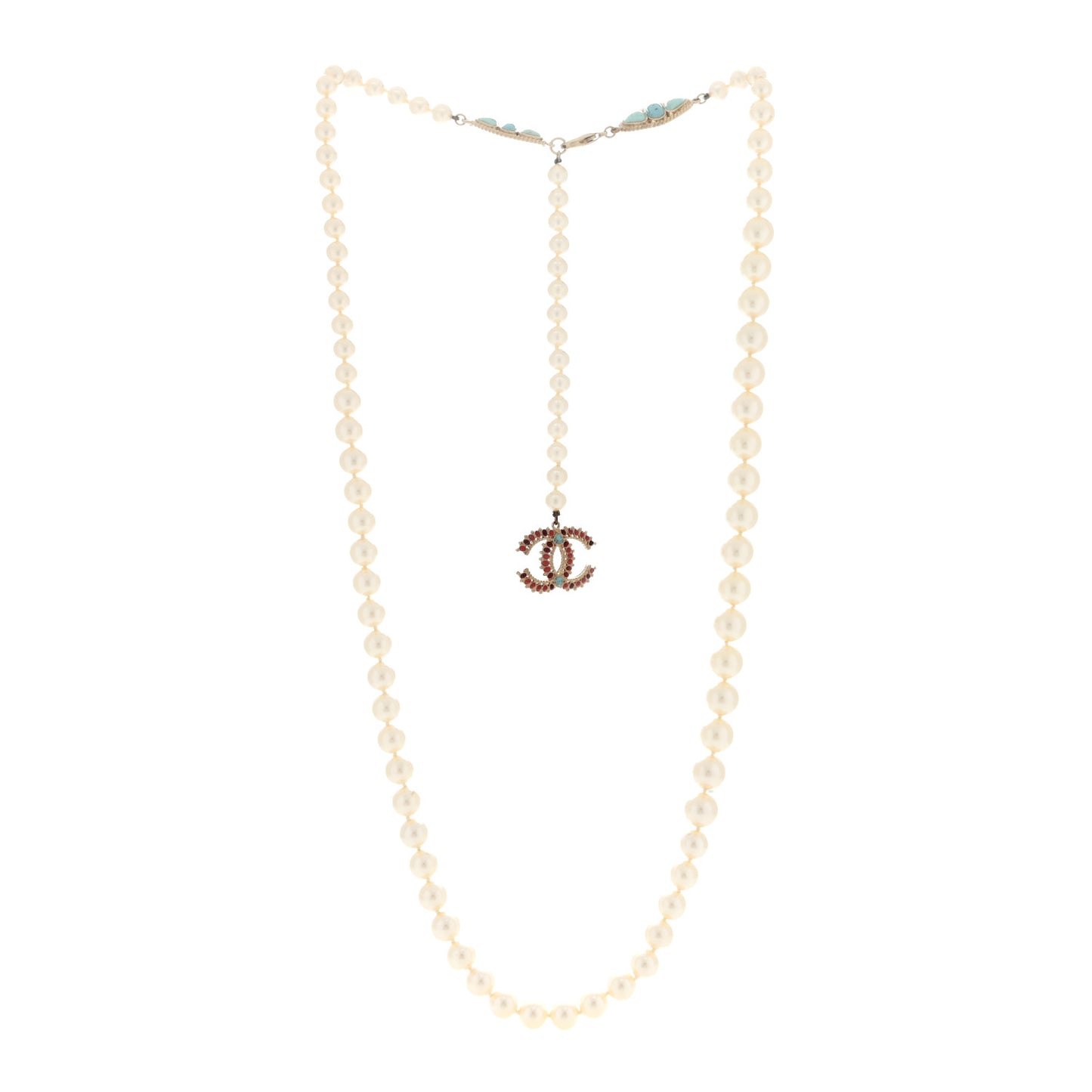 Gripoix Pearl Crystal CC Long Necklace Turquoise Burgundy Gold