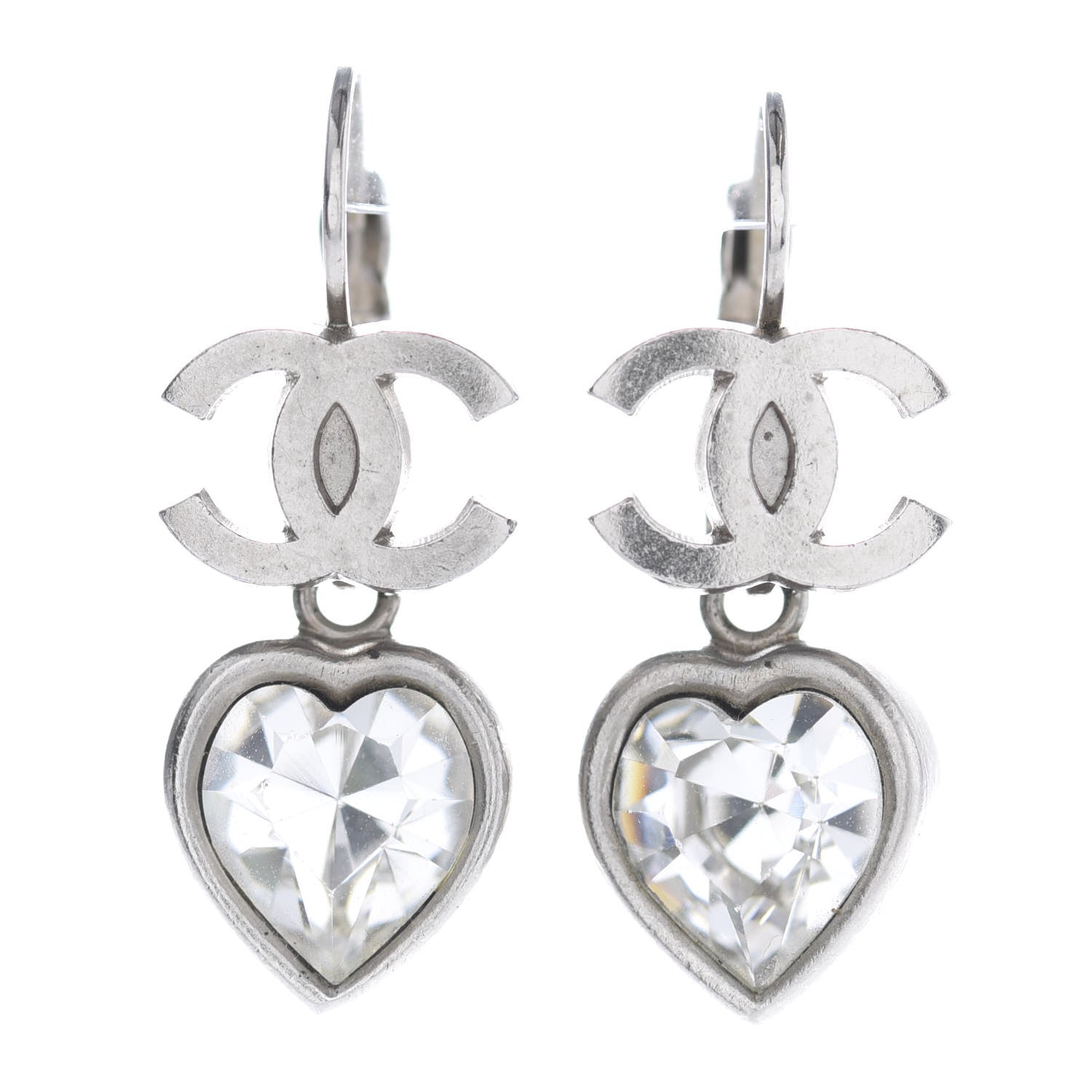 Chanel Crystal Heart CC Drop Earrings Silver 1 of 4