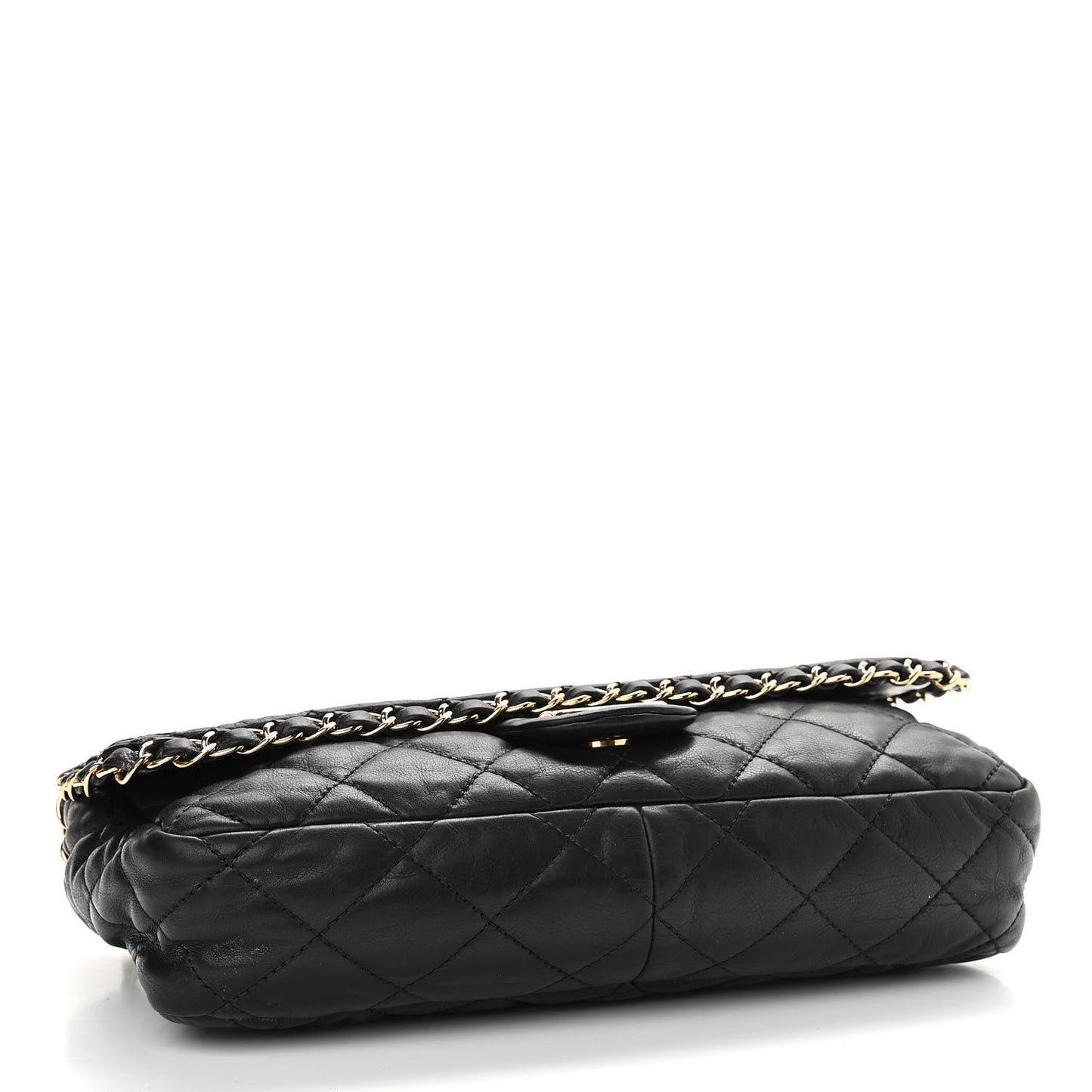 Crumpled Calfskin Quilted Large Chain All Over Flap Bag Black