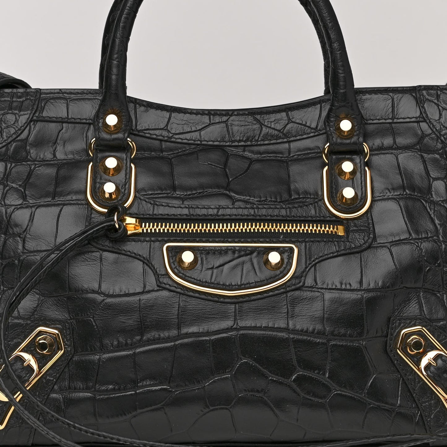 Calfskin Crocodile Embossed Gold Metallic Edge Hardware S City Black