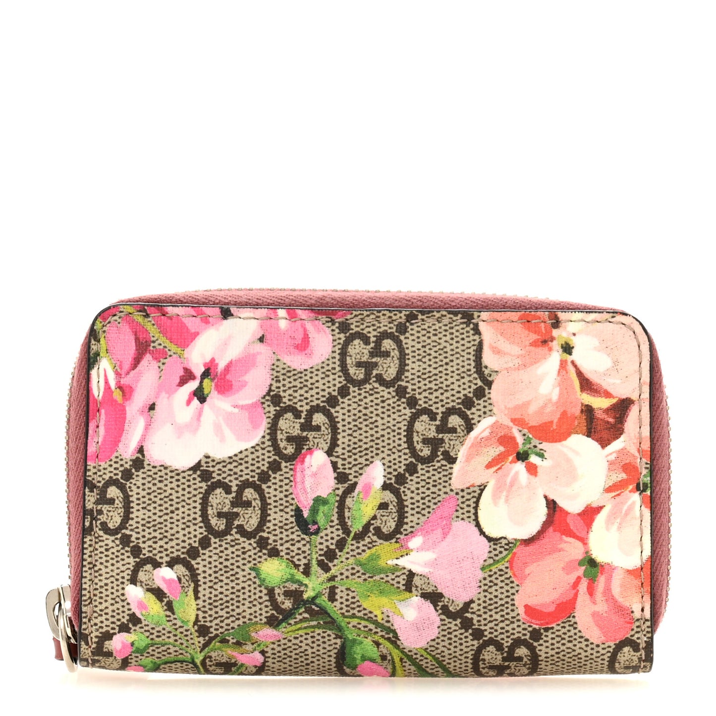 GG Supreme Monogram Blooms Zip Around Card Case Wallet Beige Multicolor Dry Rose