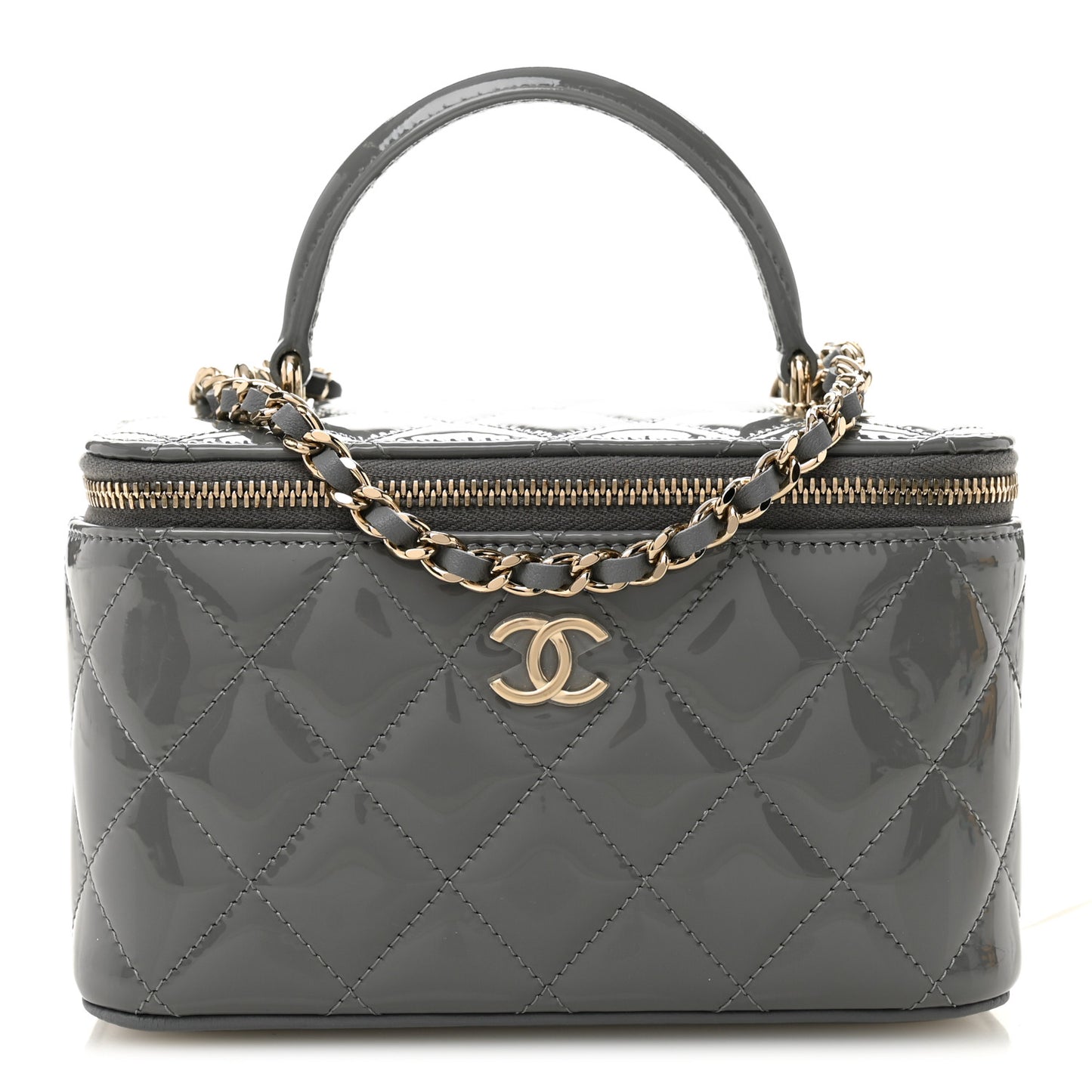 Patent Quilted Quilted Small Top Handle Vanity Case With Chain Grey