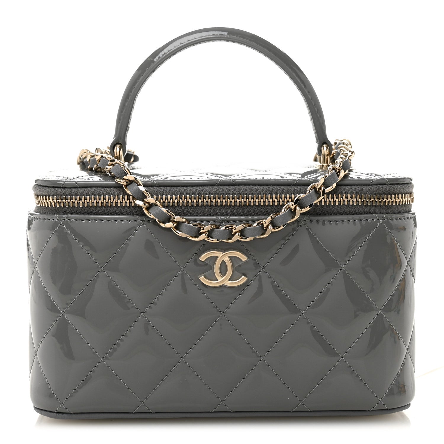 Chanel Patent Quilted Quilted Small Top Handle Vanity Case With Chain Grey 1 of 11