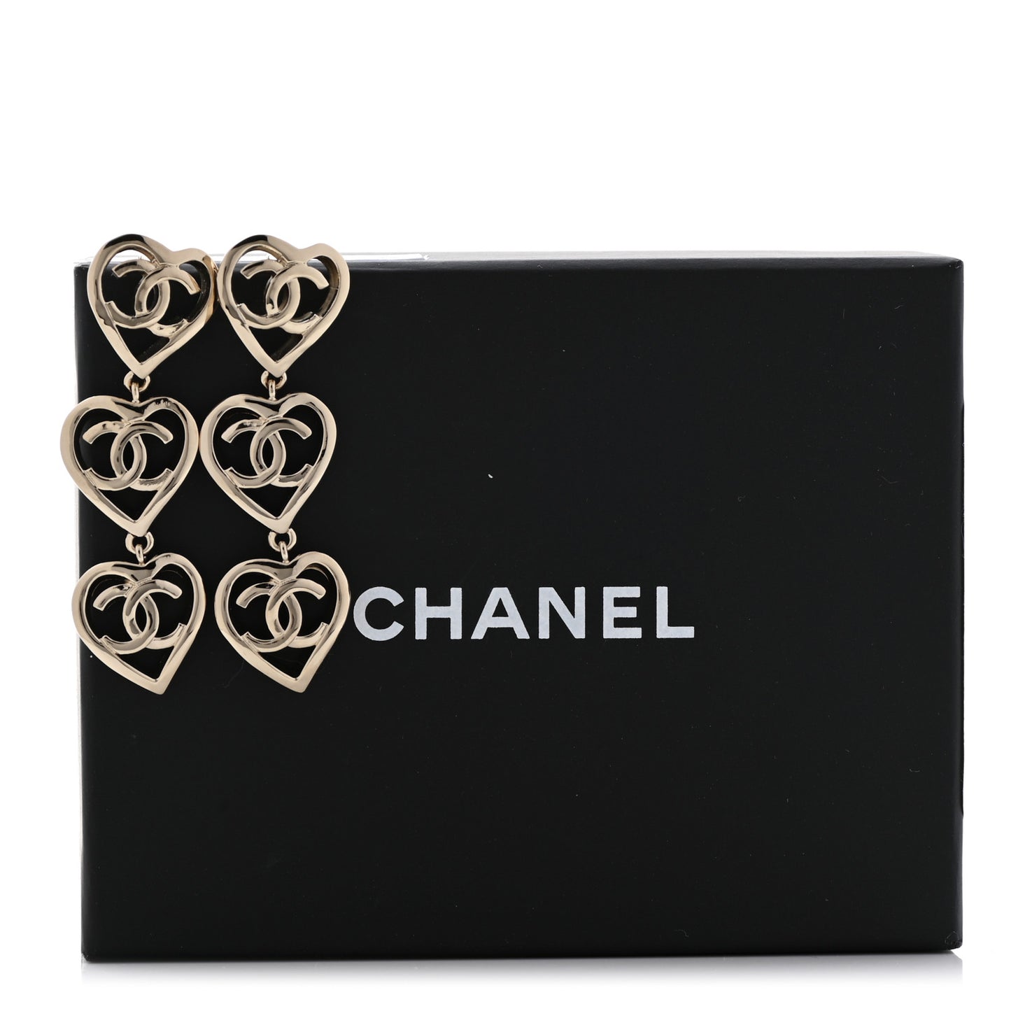 Metal CC Triple Heart Coco In Love Drop Earrings Gold