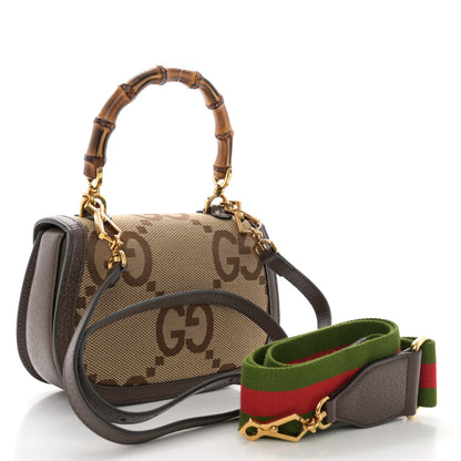 Gucci Monogram Jumbo GG Textured Dollar Calfskin Web Small Bamboo 1947 Top Handle Bag Camel Ebony New Acero 4 of 10