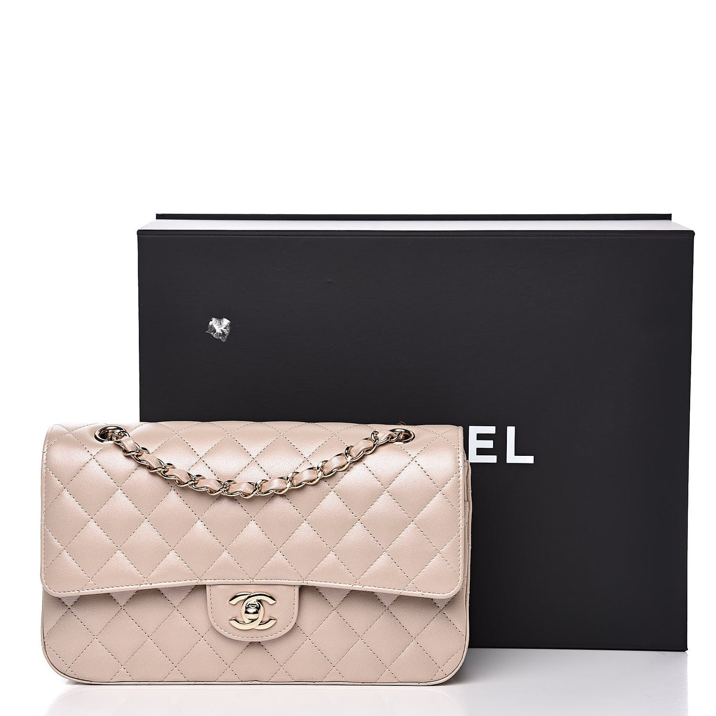 Iridescent Lambskin Quilted Medium Double Flap Light Beige