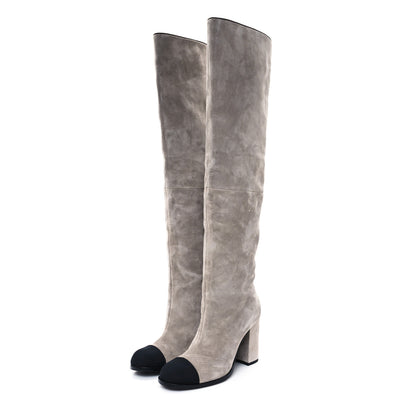 Chanel Suede Calfskin Grosgrain Cap Toe Knee High Boots 36.5 Grey Black 3 of 9