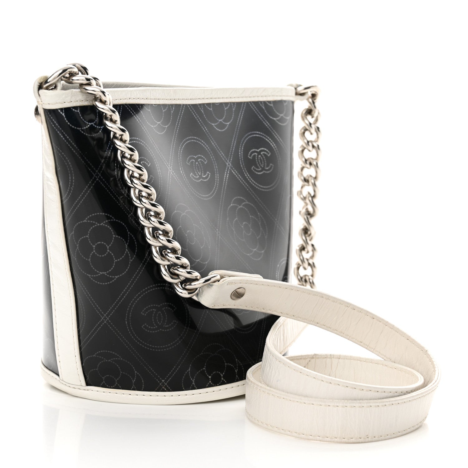 Chanel Crumpled Calfskin PVC Camellia Coco Bucket Bag Black White 4 of 13