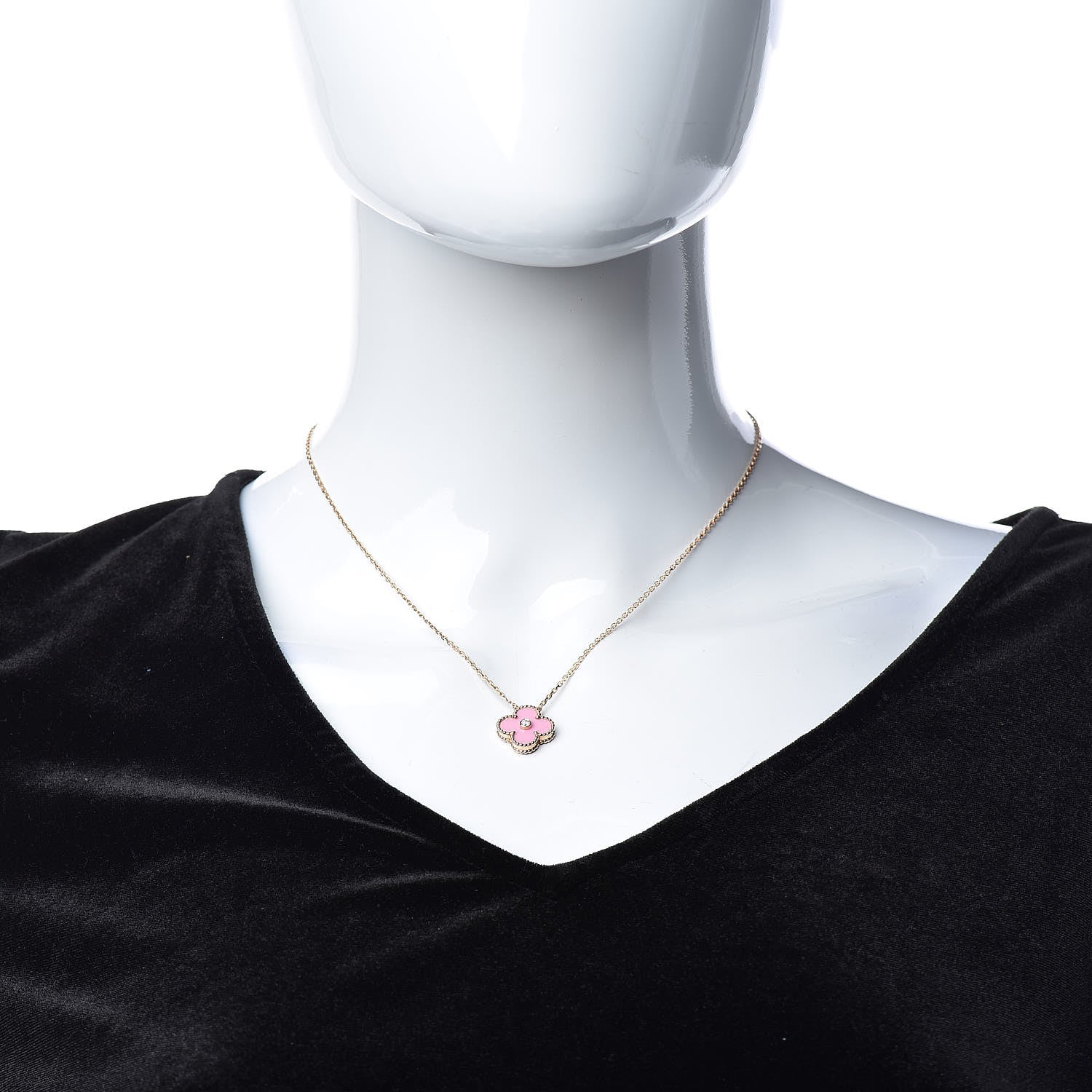Van Cleef & Arpels 18K Rose Gold Diamond Pink Porcelain Vintage Alhambra Pendant Necklace 2 of 8