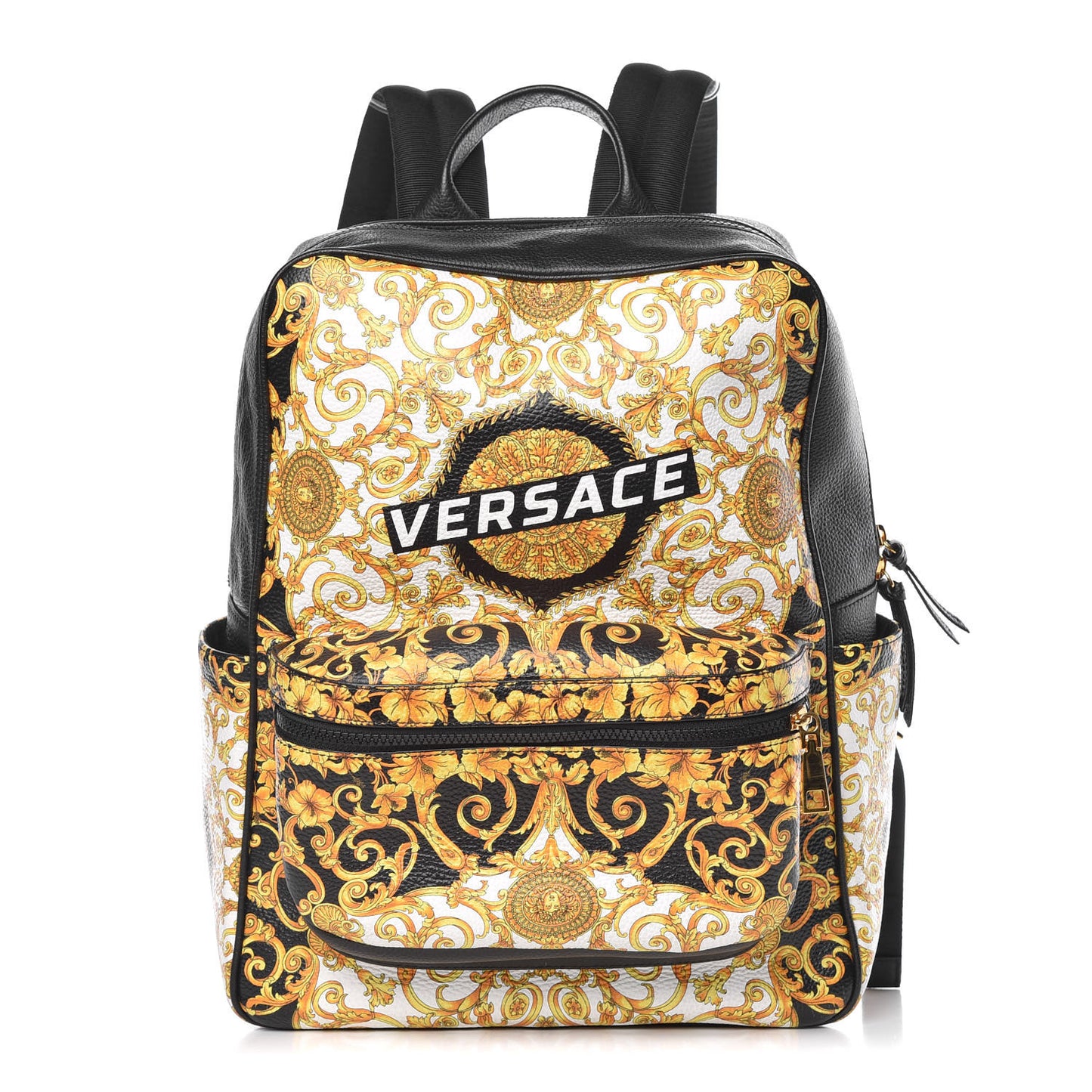 Calfskin Baroque Print Backpack Black Gold Hibiscus