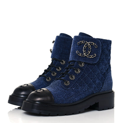 Chanel Shiny Calfskin Velvet Quilted Lace Up Combat Boots 36 Blue Black 3 of 9