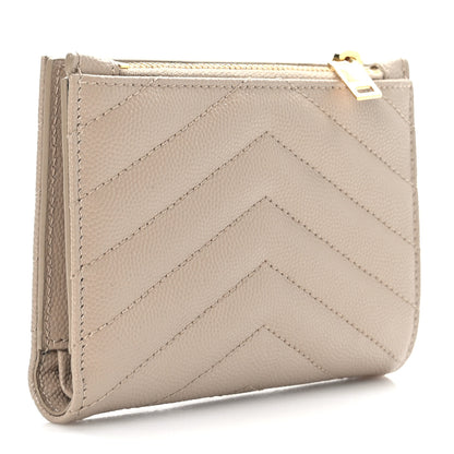 Saint Laurent Grain De Poudre Matelasse Chevron Monogram Zipped Two-Part Wallet Dark Beige 3 of 7
