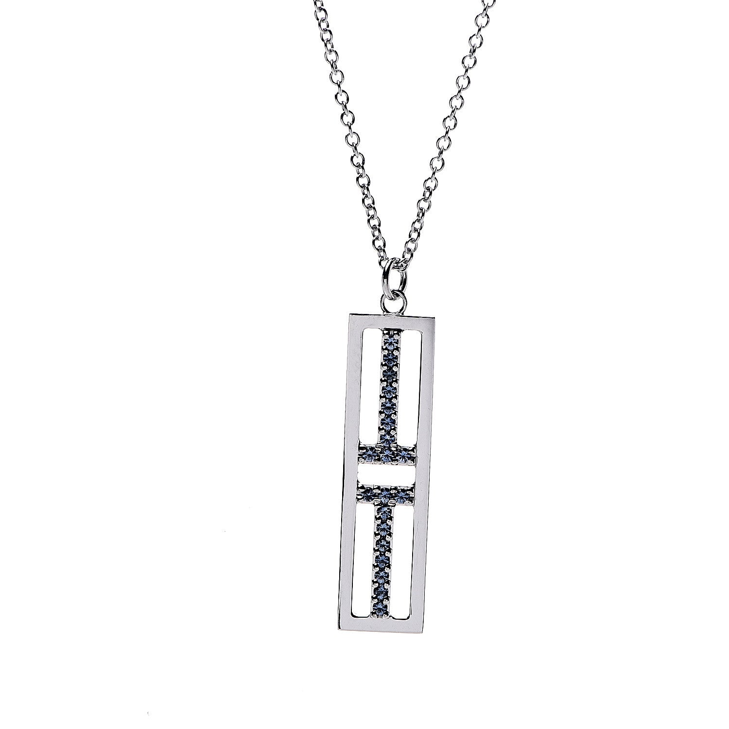 Tiffany 18K White Gold Blue Sapphire T Open Vertical Bar Pendant Necklace 4 of 7