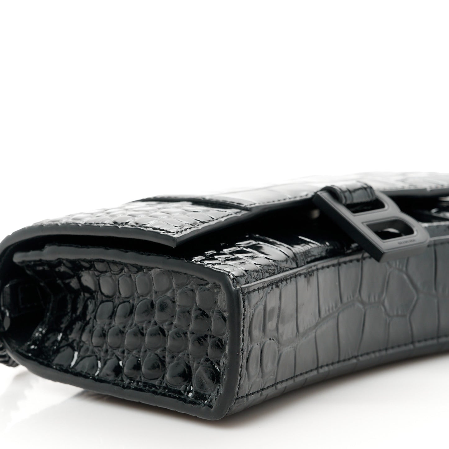 Shiny Calfskin Monochrome Crocodile Embossed Hourglass Chain Bag Black