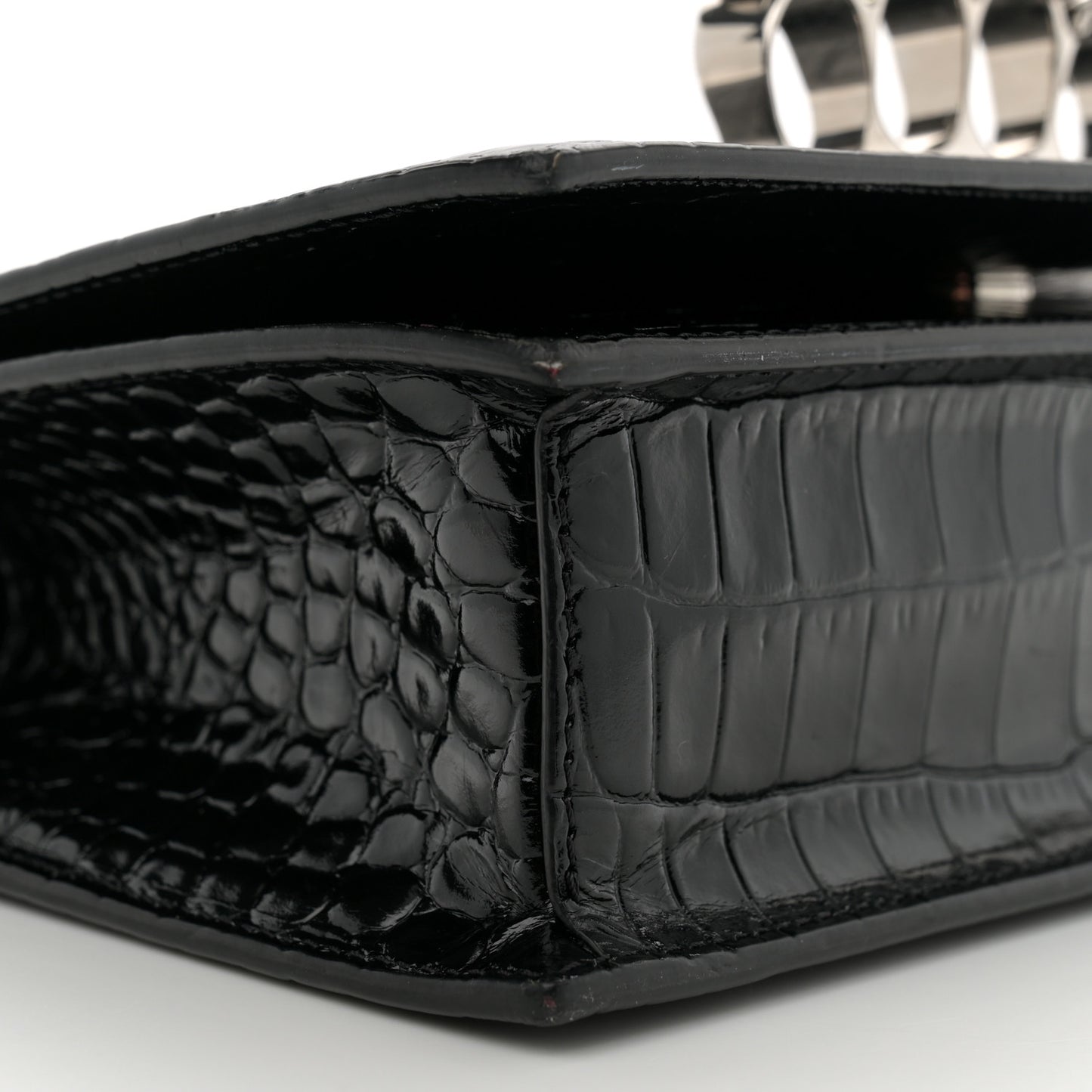 Shiny Calfskin Crocodile Embossed Knuckle Jeweled Crossbody Black
