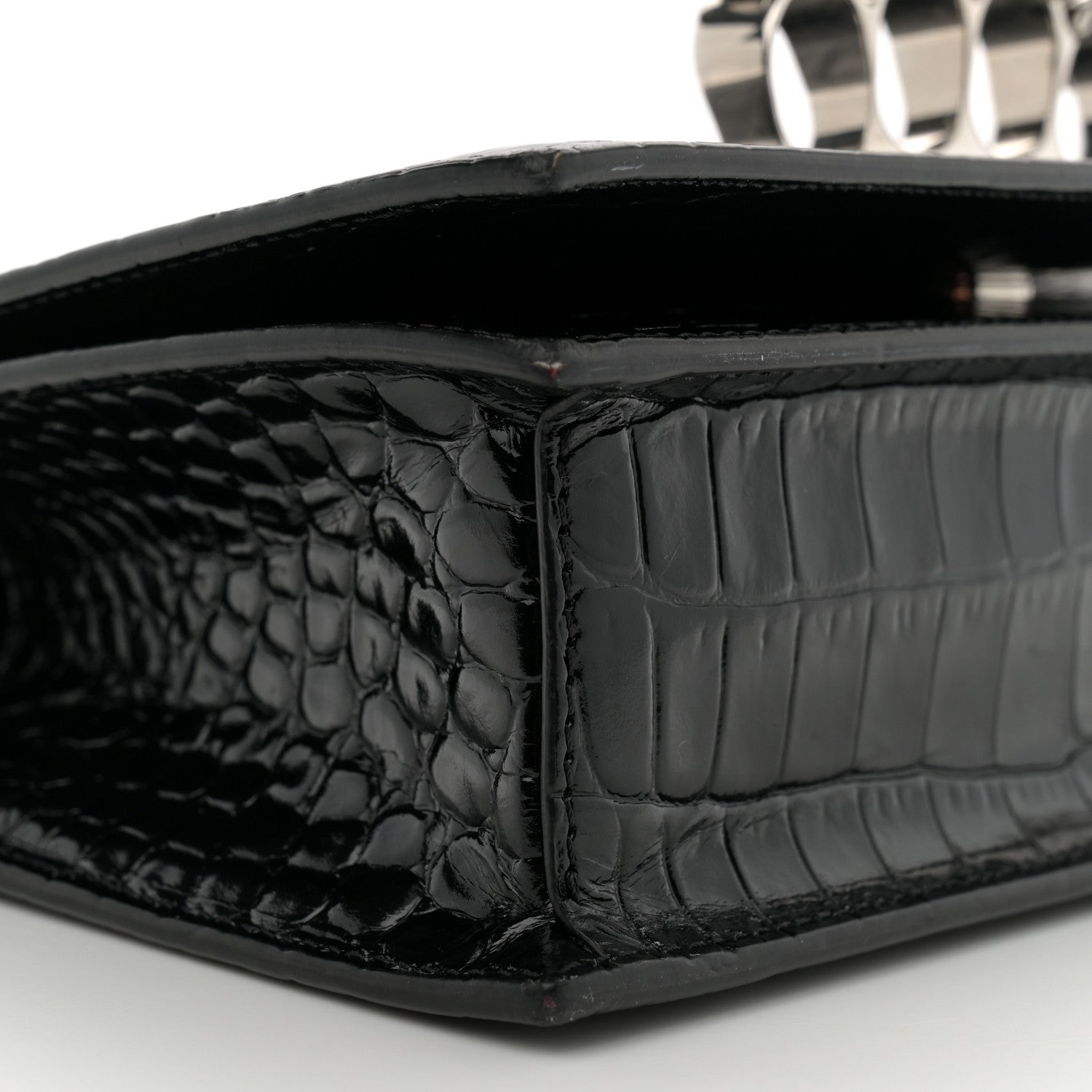 Alexander McQueen Shiny Calfskin Crocodile Embossed Knuckle Jeweled Crossbody Black 9 of 11