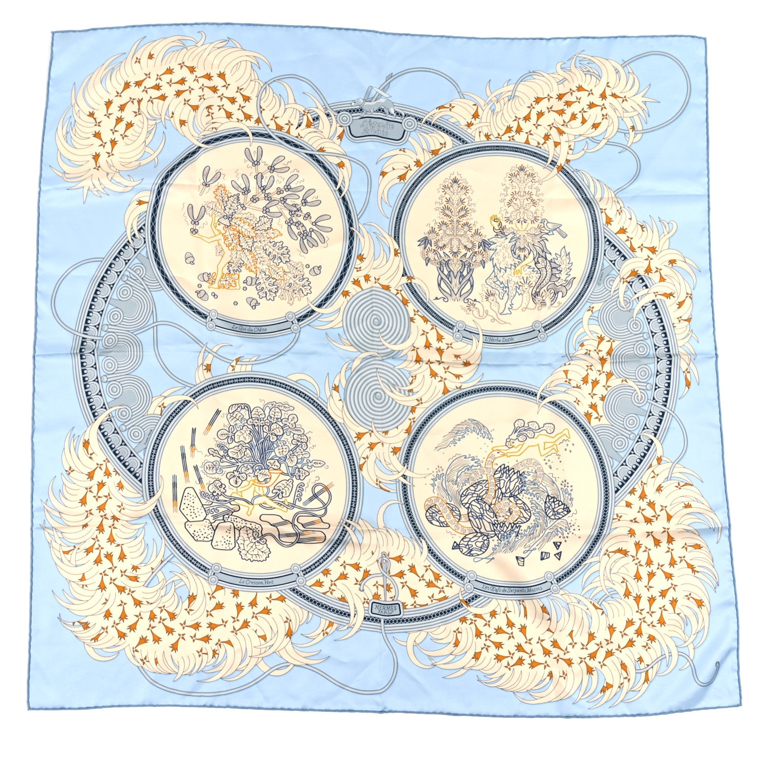 Hermes Silk Legende Brodee Scarf 90 Bleu Ciel Creme Marine 1 of 3