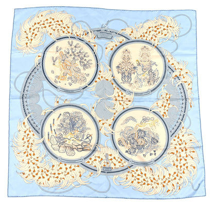 Hermes Silk Legende Brodee Scarf 90 Bleu Ciel Creme Marine 1 of 3