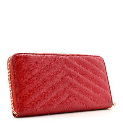Saint Laurent Grain De Poudre Matelasse Chevron Monogram Zip Around Wallet Red 3 of 11