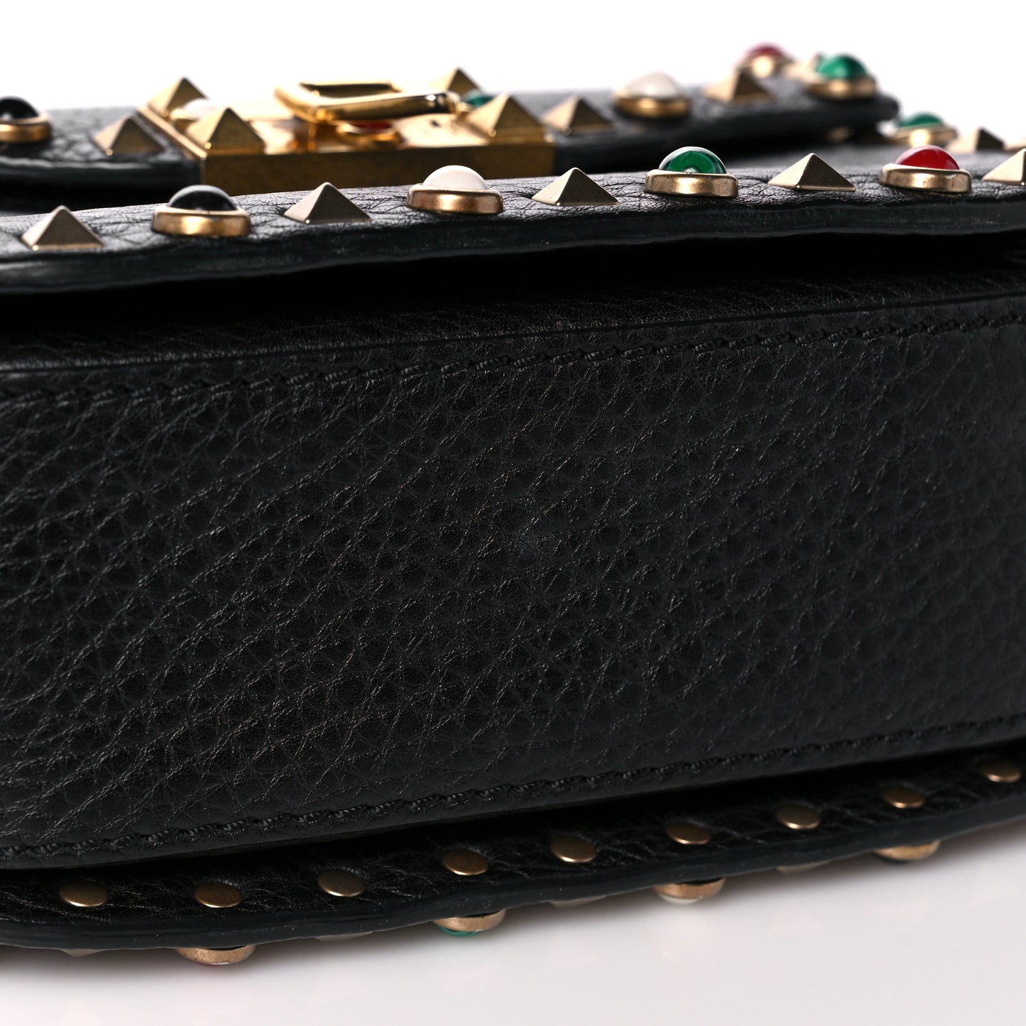 Pebbled Calfskin Rockstud Rolling Flip Lock Crossbody Bag Black